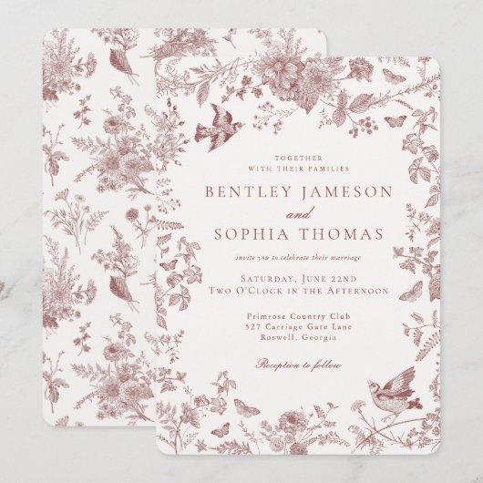 Bourgondische Herfst Toile de Jouy Bloemen Huweli Kaart (Voorkant / Achterkant)