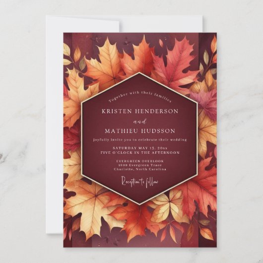 Bourgondische herfstblad bloeiende bruiloft kaart (Voorkant)