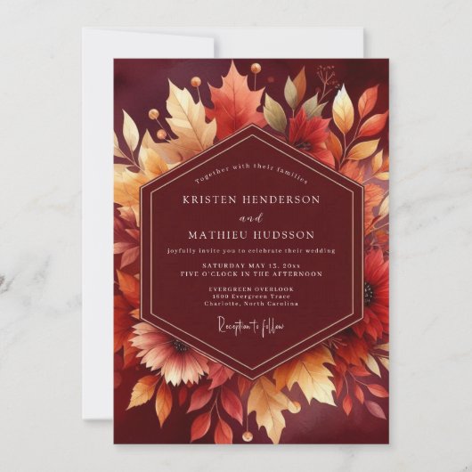 Bourgondische herfstbladeren bruiloft kaart (Voorkant)