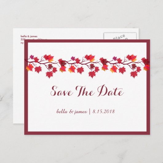 Bourgondische herfstbladeren bruiloft Save the Dat Aankondigingskaart (Voorkant / Achterkant)
