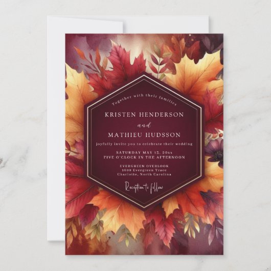 Bourgondische herfstbladeren bruiloftsfeest kaart (Voorkant)