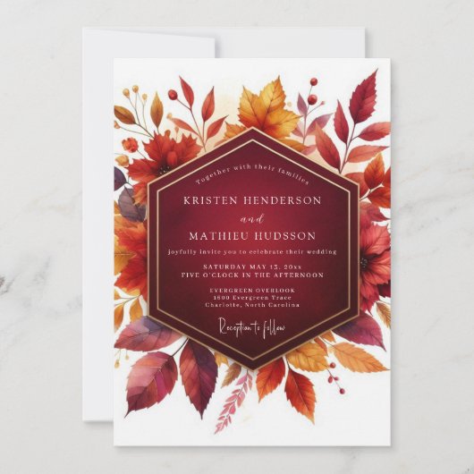 Bourgondische herfstbloei bruiloft kaart (Voorkant)