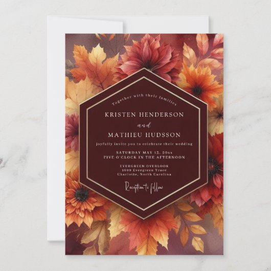 Bourgondische herfstbloei bruiloft kaart (Voorkant)