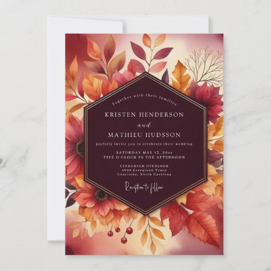 Bourgondische herfstbloemenbruiloft kaart (Voorkant)