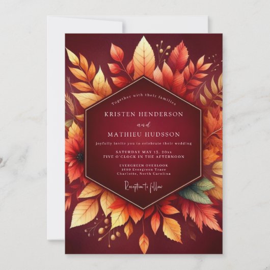 Bourgondische herfstloof romantische bruiloft kaart (Voorkant)