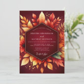 Bourgondische herfstloof romantische bruiloft kaart (Staand voorkant)