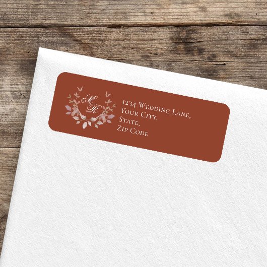 Bourgondische huwelijksmonogram script bloemmotief etiket
