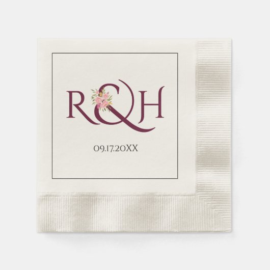 Bourgondische initialen, ampersand, roze rozen bru servet (Voorkant)