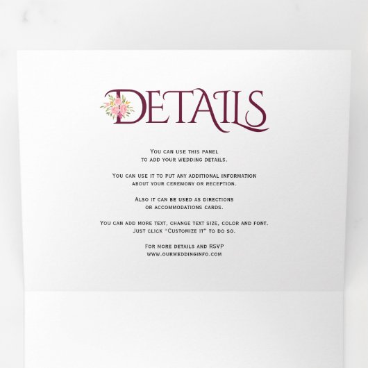 Bourgondische initialen en ampersand roze rozen br drieluik uitnodiging (Binnenzijde eerst)