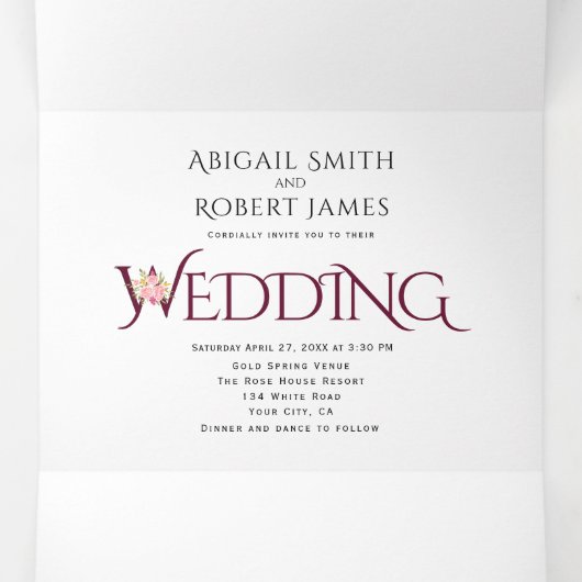 Bourgondische initialen en ampersand roze rozen br drieluik uitnodiging (Binnenkant midden)