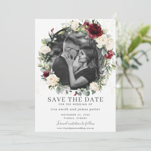 Bourgondische Ivoor Bloem Foto Bewaar de Datum Kaa Kaart (Staand voorkant)