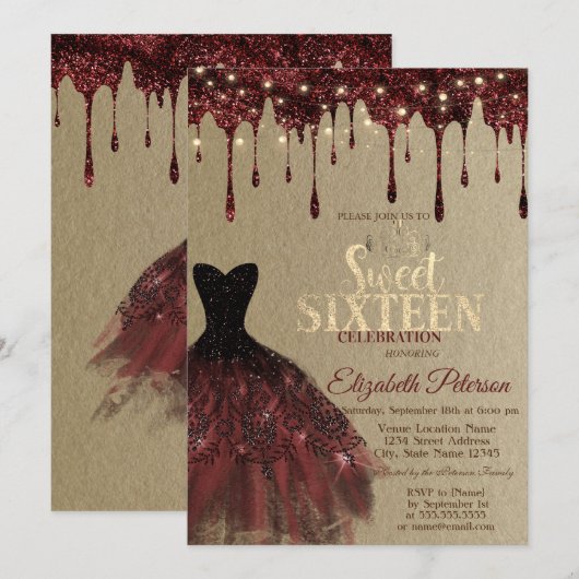 Bourgondische jurk, glitter druppels licht Kraft z Kaart (Voorkant / Achterkant)