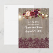 Bourgondische kant en rustieke bloemen redden de d aankondigingskaart (Voorkant / Achterkant)