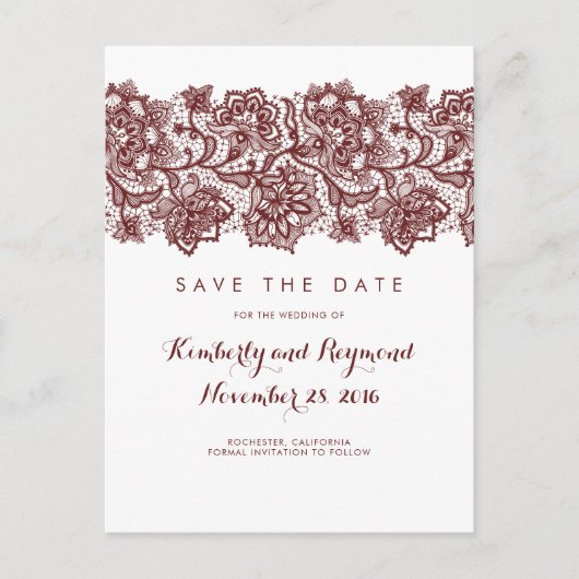 Bourgondische kant Save the Date Aankondigingskaart (Voorkant)