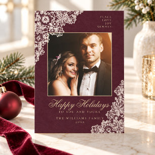 Bourgondische Kanten Elegante Gezinsfoto Kerstmis Feestdagenkaart