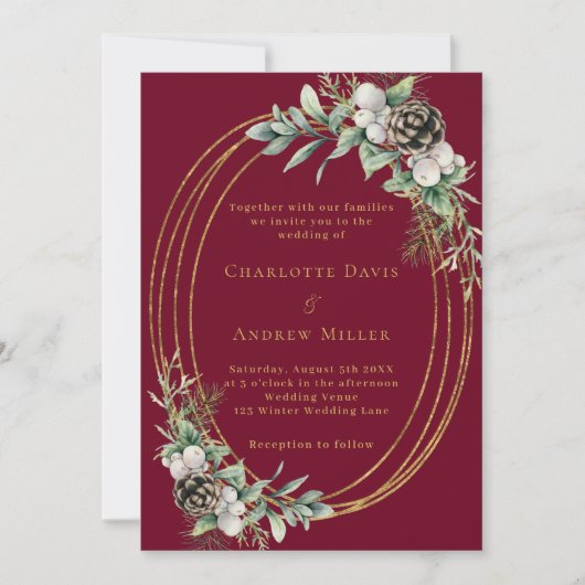 Bourgondische kegeldennengroen gouden lijst bruilo kaart (Voorkant)