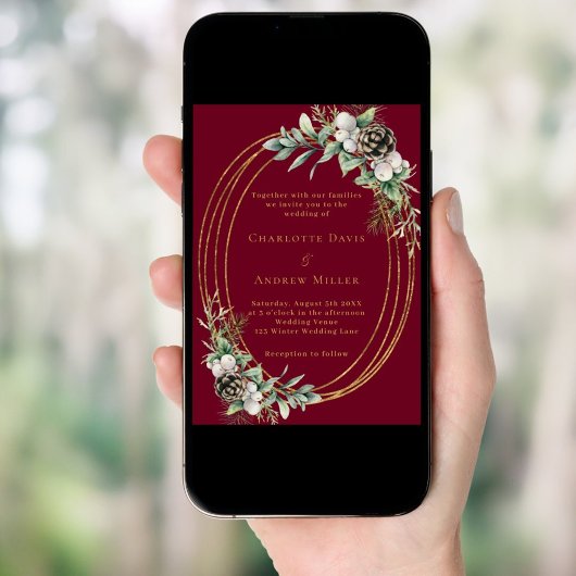 Bourgondische kegeldennengroen gouden lijst bruilo kaart