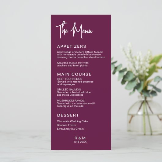 Bourgondische klassieke elegante bruiloft menu (Staand voorkant)