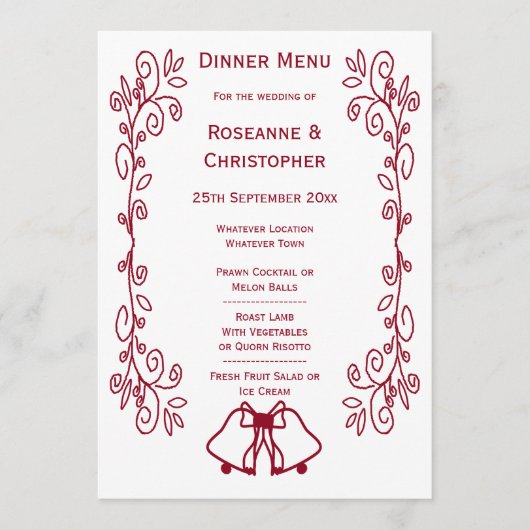 Bourgondische klokken Scrollwork Ontwerp Wedding Menu (Voorkant)