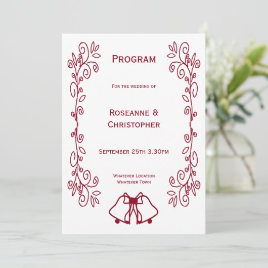 Bourgondische klokken Scrollwork Ontwerp Wedding Programmakaart (Staand voorkant)
