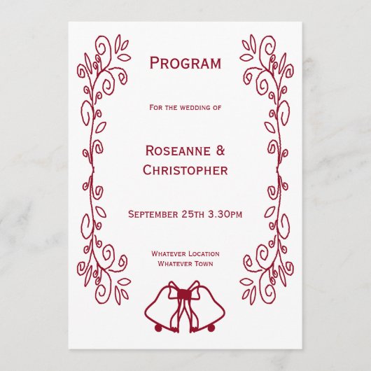 Bourgondische klokken Scrollwork Ontwerp Wedding Programmakaart (Voorkant)