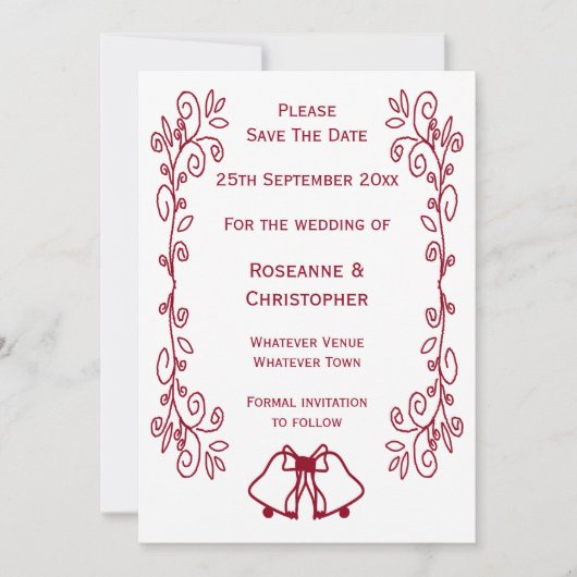 Bourgondische klokken Scrollwork Ontwerp Wedding Save The Date (Voorkant)