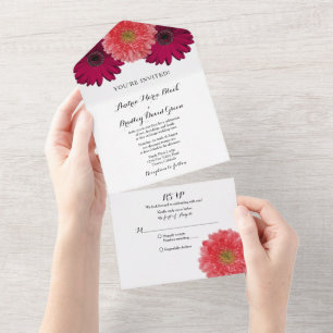 Bourgondische Koraal Daisy Bloemachtige Trouw RSVP All In One Uitnodiging