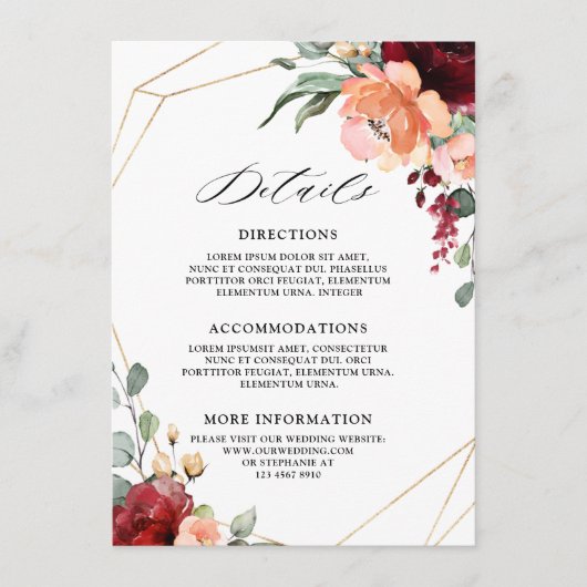 Bourgondische koraal Sinaasappel eucalyptus bruilo Informatiekaartje (Voorkant)