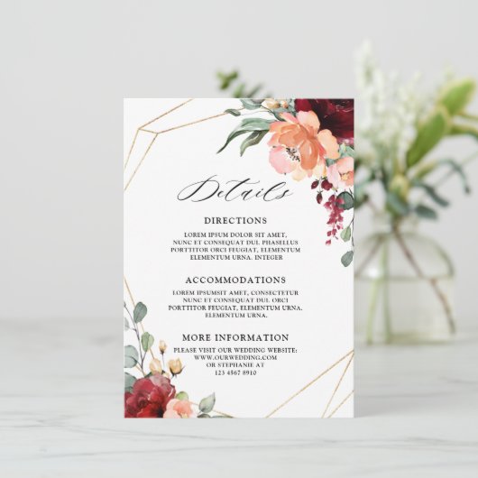 Bourgondische koraal Sinaasappel eucalyptus bruilo Informatiekaartje (Staand voorkant)