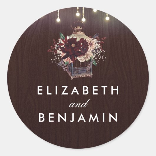 Bourgondische lantaarn bloemen rustieke bruiloft ronde sticker (Voorkant)