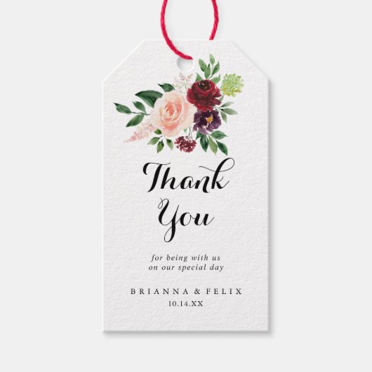 Bourgondische lente bloemenbruiloft dank u cadeaulabel (Voorkant)