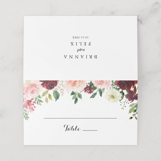 Bourgondische lente bloemenbruiloft plaats kaart plaatskaartje (Buitenkant ongevouwen)