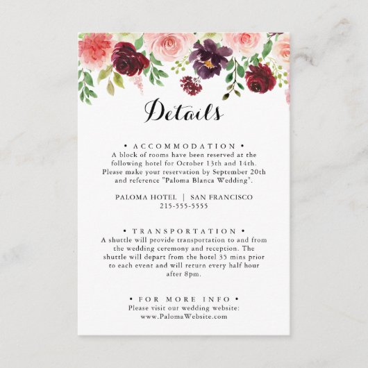 Bourgondische lente bloemenkalligrafie bruiloft de informatiekaartje (Voorkant)