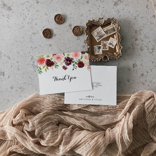 Bourgondische lente bloemenkalligrafie platte brui bedankkaart