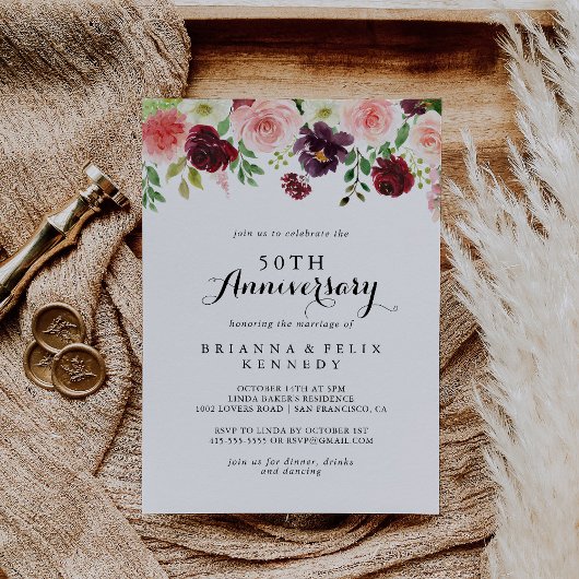 Bourgondische lente bloemige 50ste huwelijksverjaa kaart