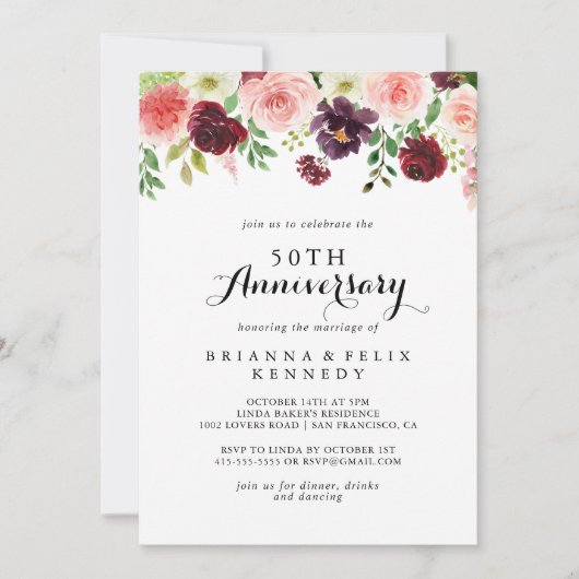 Bourgondische lente bloemige 50ste huwelijksverjaa kaart (Voorkant)