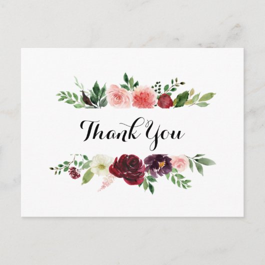 Bourgondische lente roze bloemenkalligrafie dank u briefkaart (Voorkant)