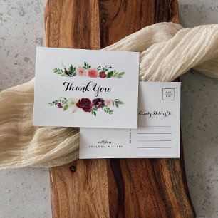 Bourgondische lente roze bloemenkalligrafie dank u briefkaart