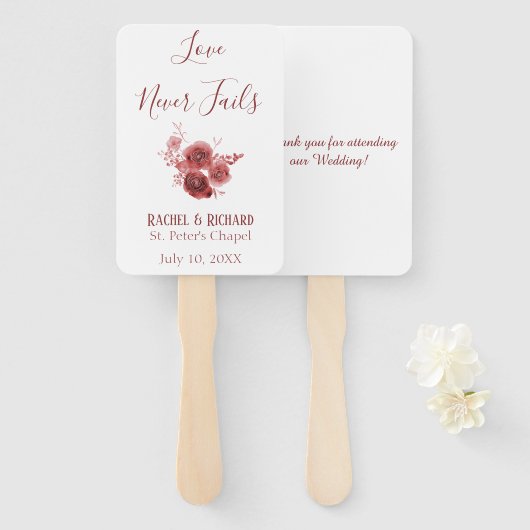 Bourgondische liefde nooit mislukt bloemenbruiloft handwaaier (Voorkant en achterkant)