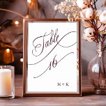 Bourgondische luxe kalligrafie bruiloft nummer 16, kaart<br><div class="desc">Tabel 16. Controleer alle beschikbare nummers. | Luxe en elegante swirly kalligrafie trouwtafel nummer met uw initialen. Voor meer geavanceerde aanpassing van dit ontwerp,  klikt u op de BLUE DESIGN TOOL BUTTON hierboven!</div>