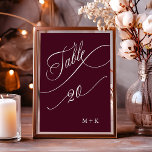 Bourgondische luxe kalligrafie bruiloft nummer 20, kaart<br><div class="desc">Tabel 20. Controleer alle beschikbare nummers. | Luxe en elegante swirly kalligrafie trouwtafel nummer met uw initialen. Voor meer geavanceerde aanpassing van dit ontwerp,  klikt u op de BLUE DESIGN TOOL BUTTON hierboven!</div>