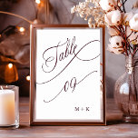 Bourgondische luxe kalligrafie bruiloft nummer 9, kaart<br><div class="desc">Tabel 9. Controleer alle beschikbare nummers. | Luxe en elegante swirly kalligrafie trouwtafel nummer met uw initialen. Voor meer geavanceerde aanpassing van dit ontwerp,  klikt u op de BLUE DESIGN TOOL BUTTON hierboven!</div>