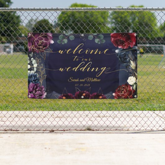 Bourgondische marine 2 Welkom op onze bruiloft 3x5 Spandoek (Insitu)