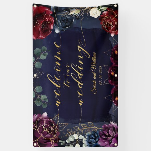 Bourgondische marine 2 Welkom op onze bruiloft 3x5 Spandoek (Verticaal)