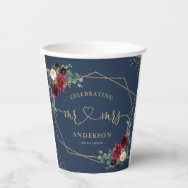 Bourgondische marine blauw bloemenbruid en bruideg papieren bekers