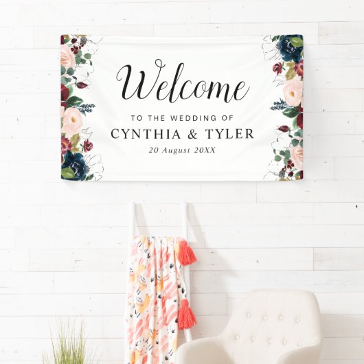 Bourgondische marine blauw bloemenwelkom bruiloft spandoek (Insitu)