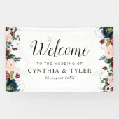 Bourgondische marine blauw bloemenwelkom bruiloft spandoek (Horizontaal)