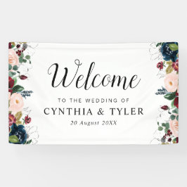 Bourgondische marine blauw bloemenwelkom bruiloft spandoek