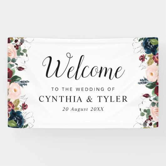 Bourgondische marine blauw bloemenwelkom bruiloft spandoek (Horizontaal)