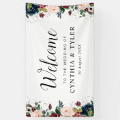 Bourgondische marine blauw bloemenwelkom bruiloft spandoek (Verticaal)